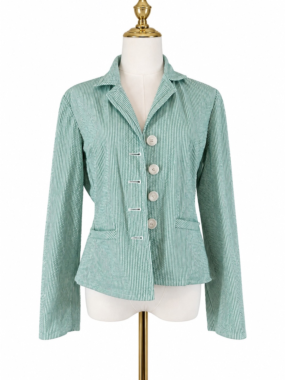 Talbots Stretch Green White Seersucker Blazer Size 4 Cotton Preppy Jacket